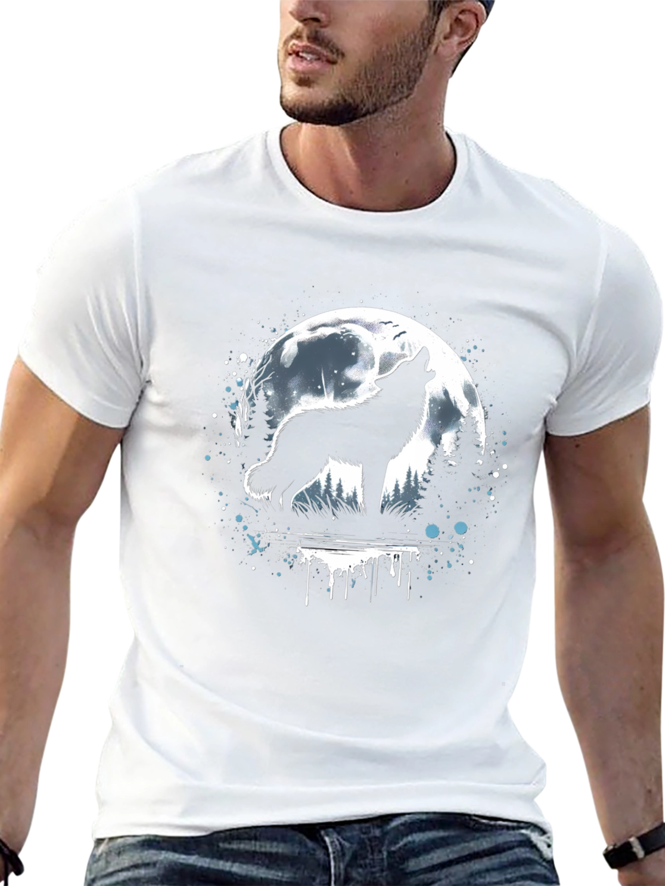 Camiseta Hombre Lobo Aullando Luna Llena Negra