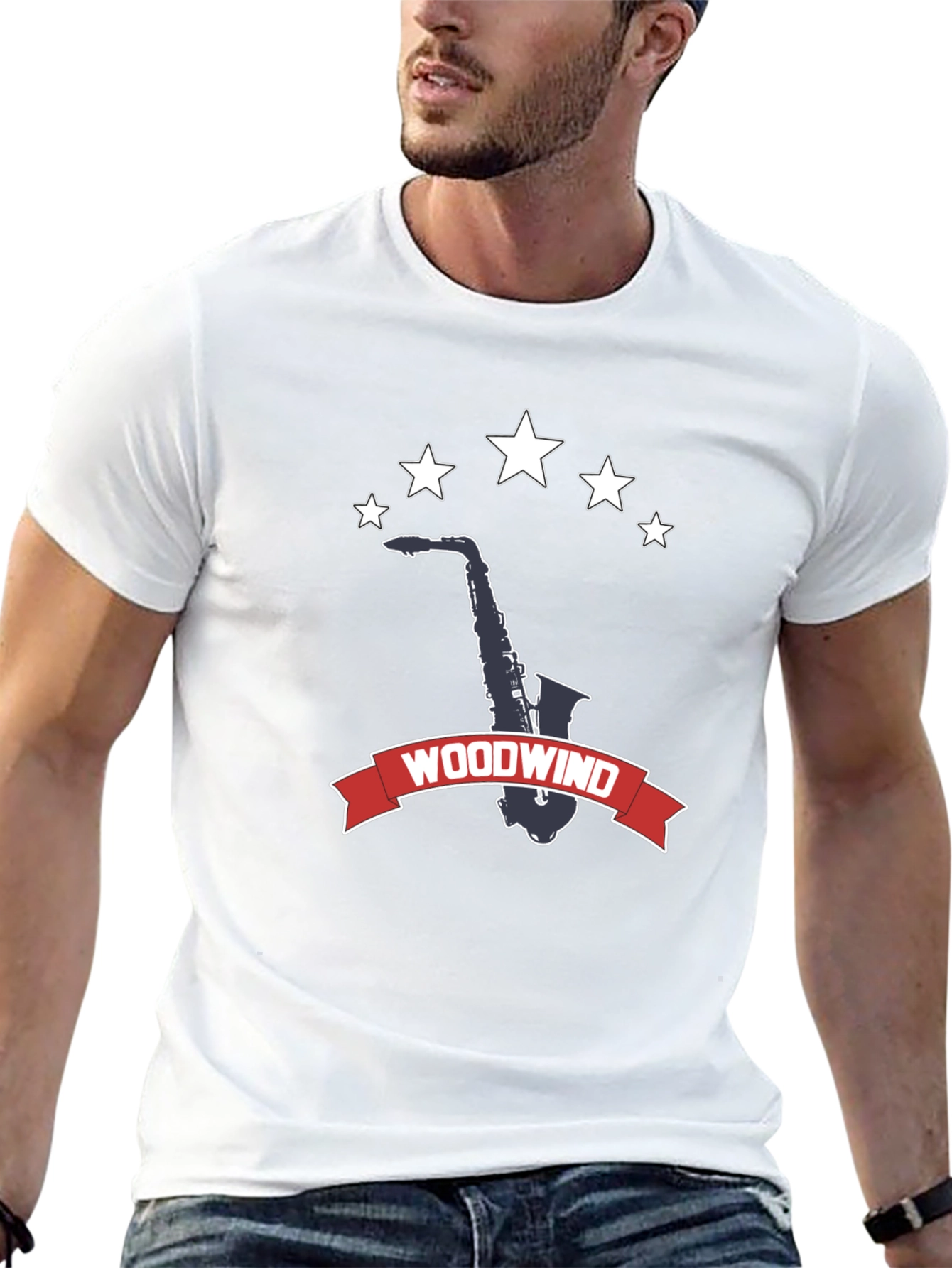 Camiseta Negra Woodwind Saxofón Estrellas