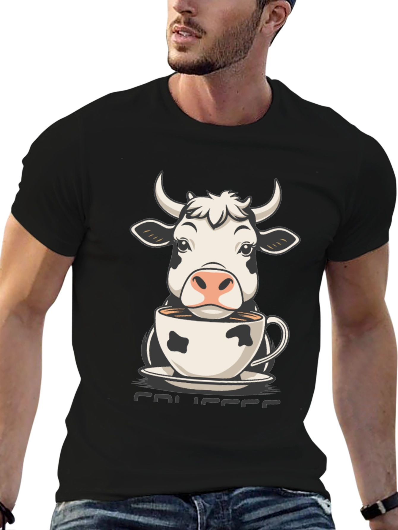 Camiseta Hombre Negra Diseño Vaca Café