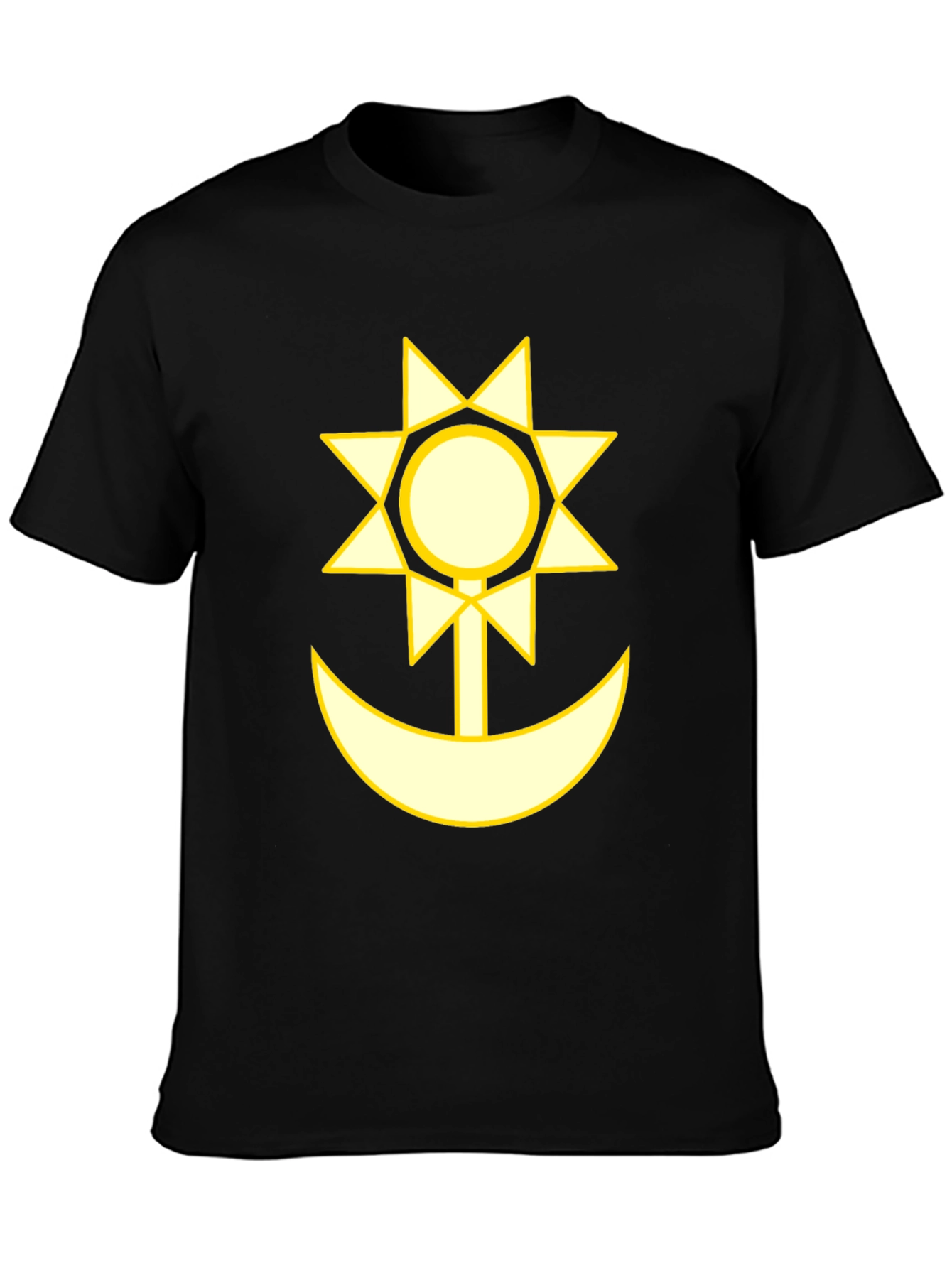 Camiseta Negra con Diseño Sol y Luna Amarillo