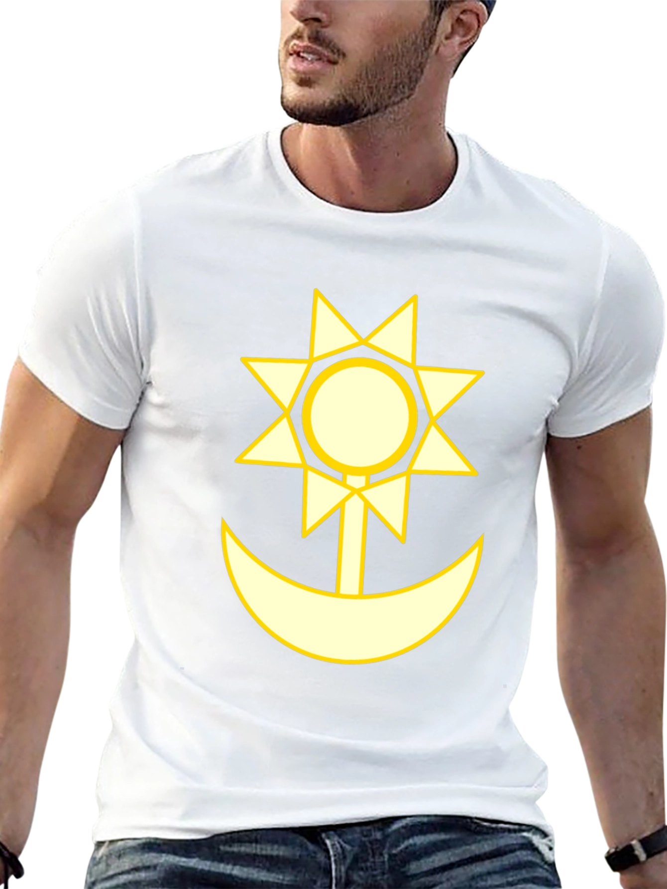 Camiseta Negra con Diseño Sol y Luna Amarillo