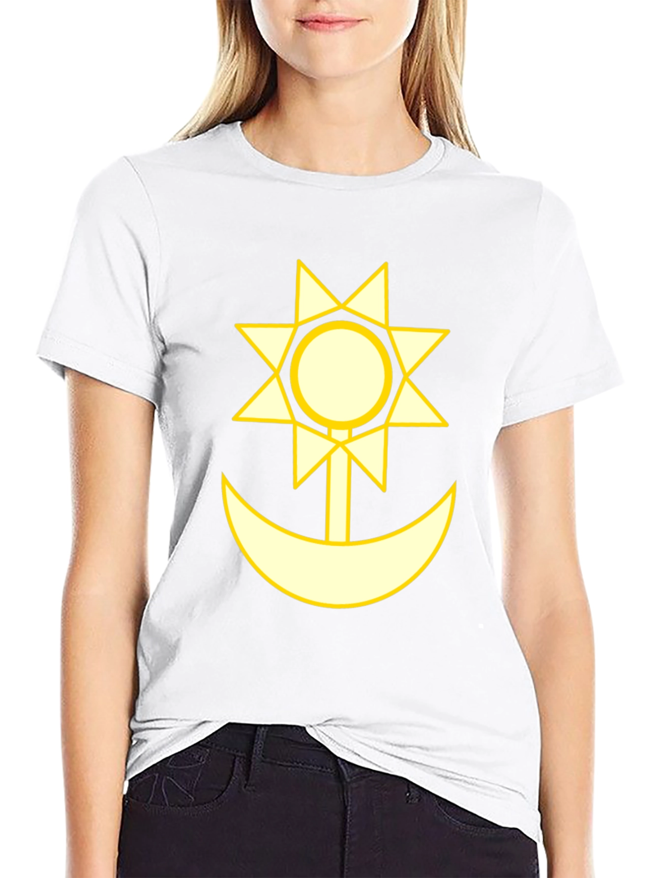 Camiseta Negra con Diseño Sol y Luna Amarillo