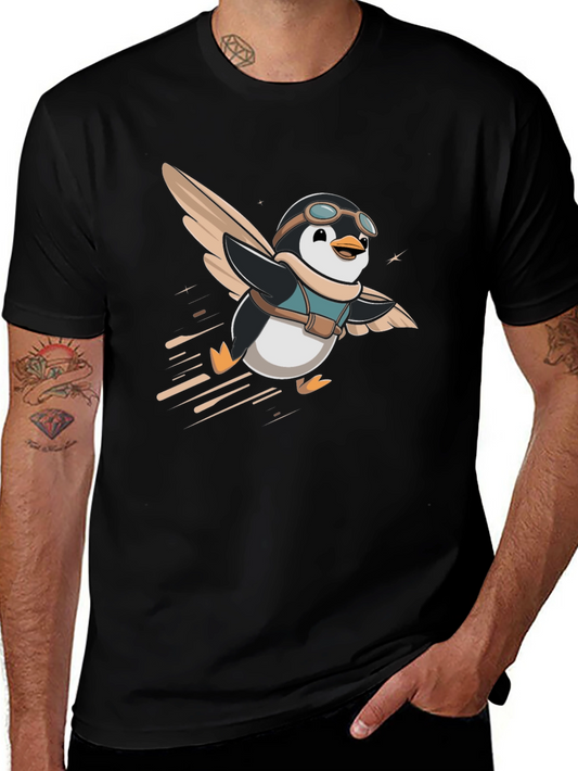 Camiseta Negra con Pingüino Aviador Animado