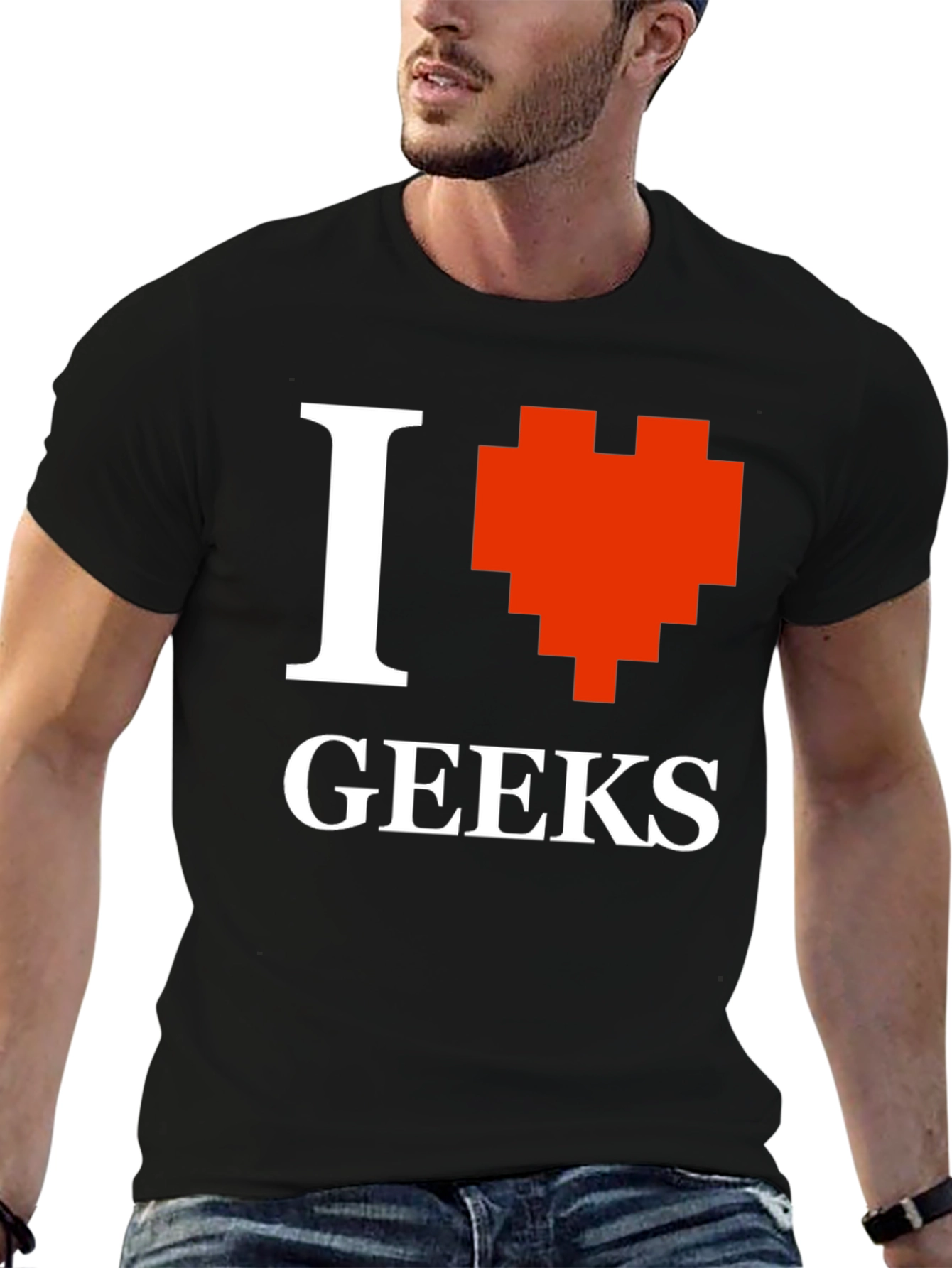 Camiseta Negra Amo a los Geeks Estilo Pixel Art