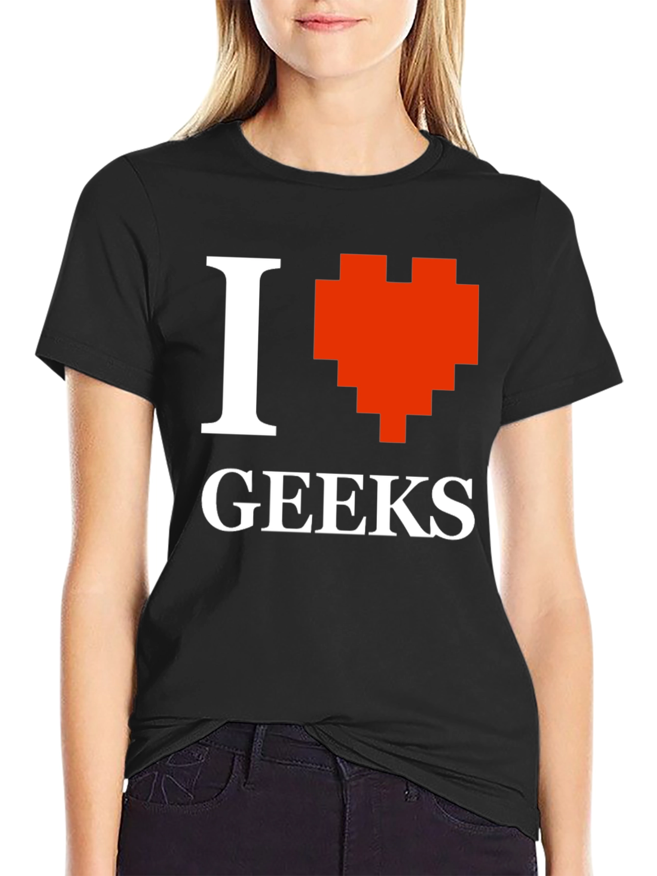 Camiseta Negra Amo a los Geeks Estilo Pixel Art