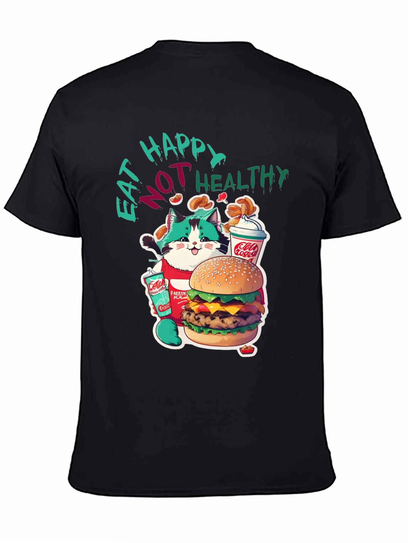 Camiseta Negra: Gato Glotón Come No Saludable