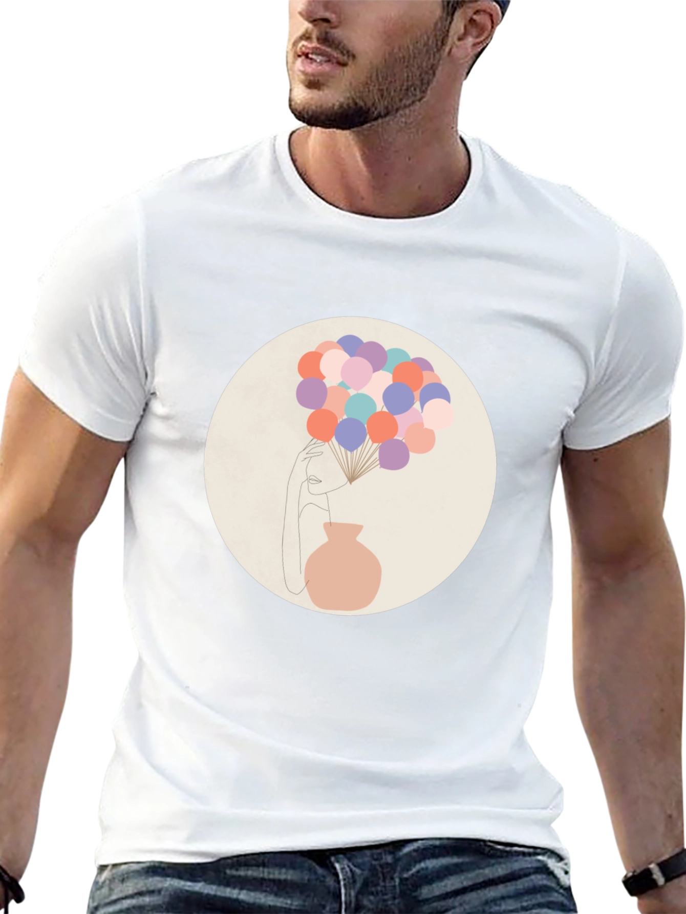 Camiseta Negra con Diseño Abstracto de Mujer y Globos