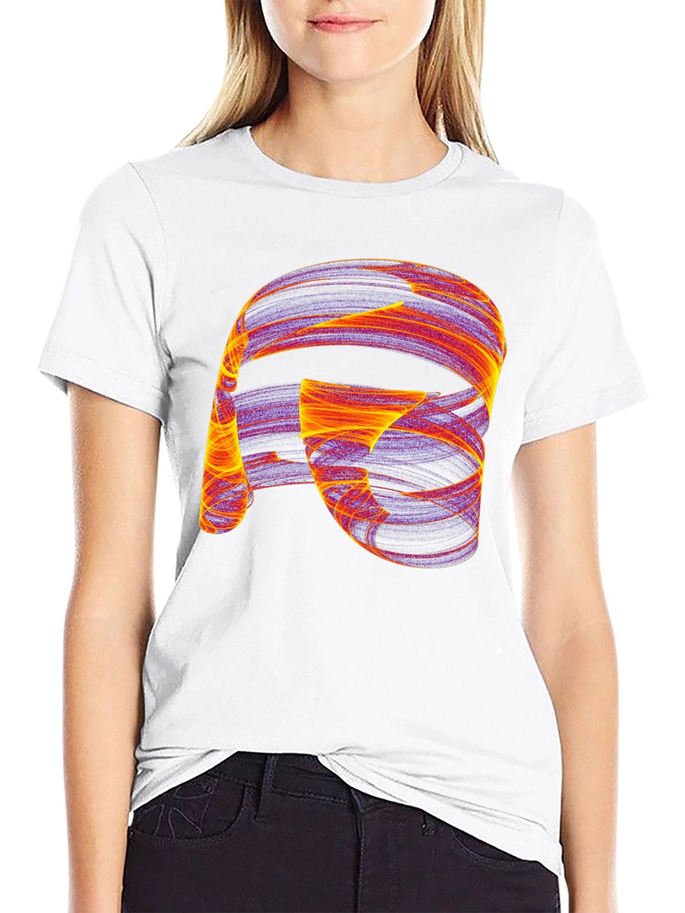 Camiseta Negra con Diseño Abstracto Naranja y Violeta