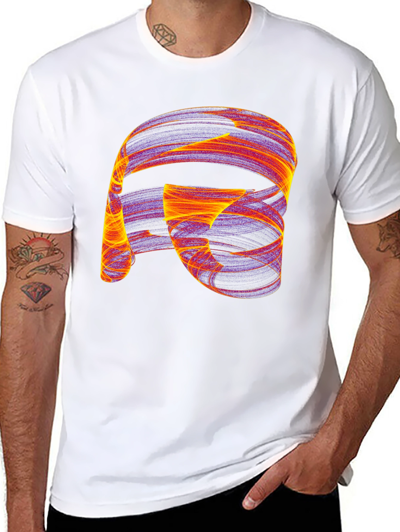 Camiseta Negra con Diseño Abstracto Naranja y Violeta