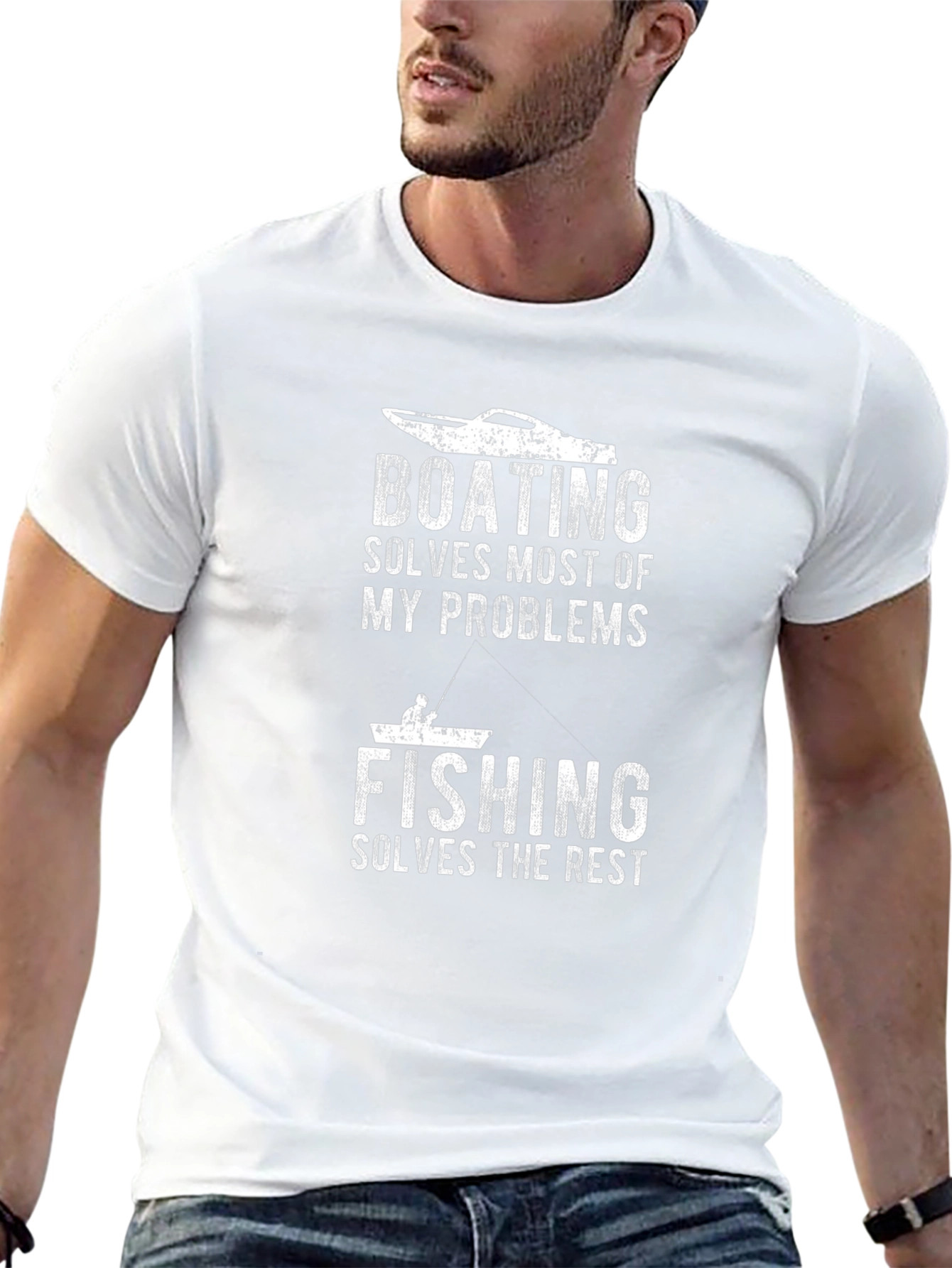 Camiseta Negra: Boating Solves Problems Fishing the Rest
