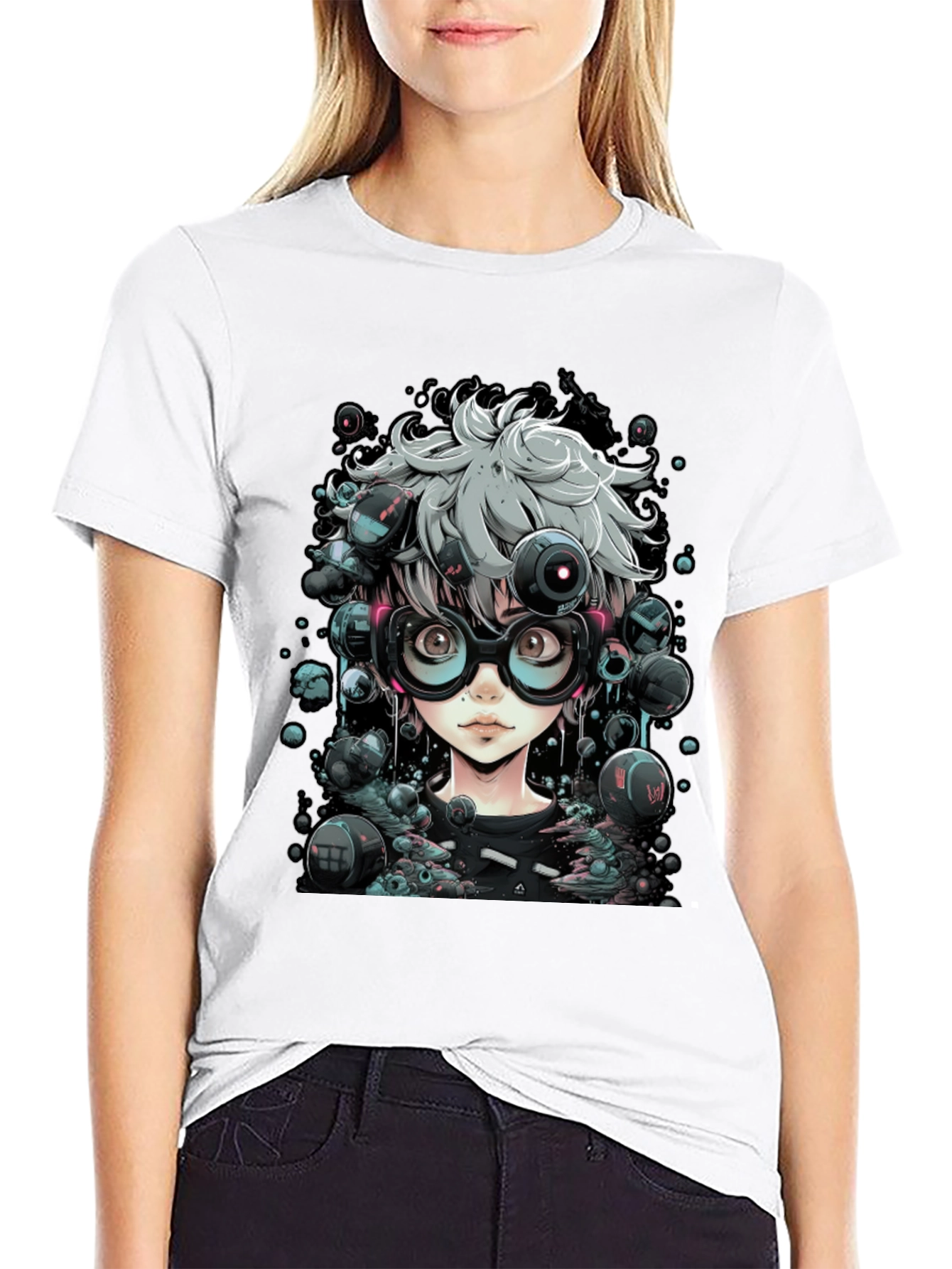 Camiseta Negra con Diseño Anime Futurista