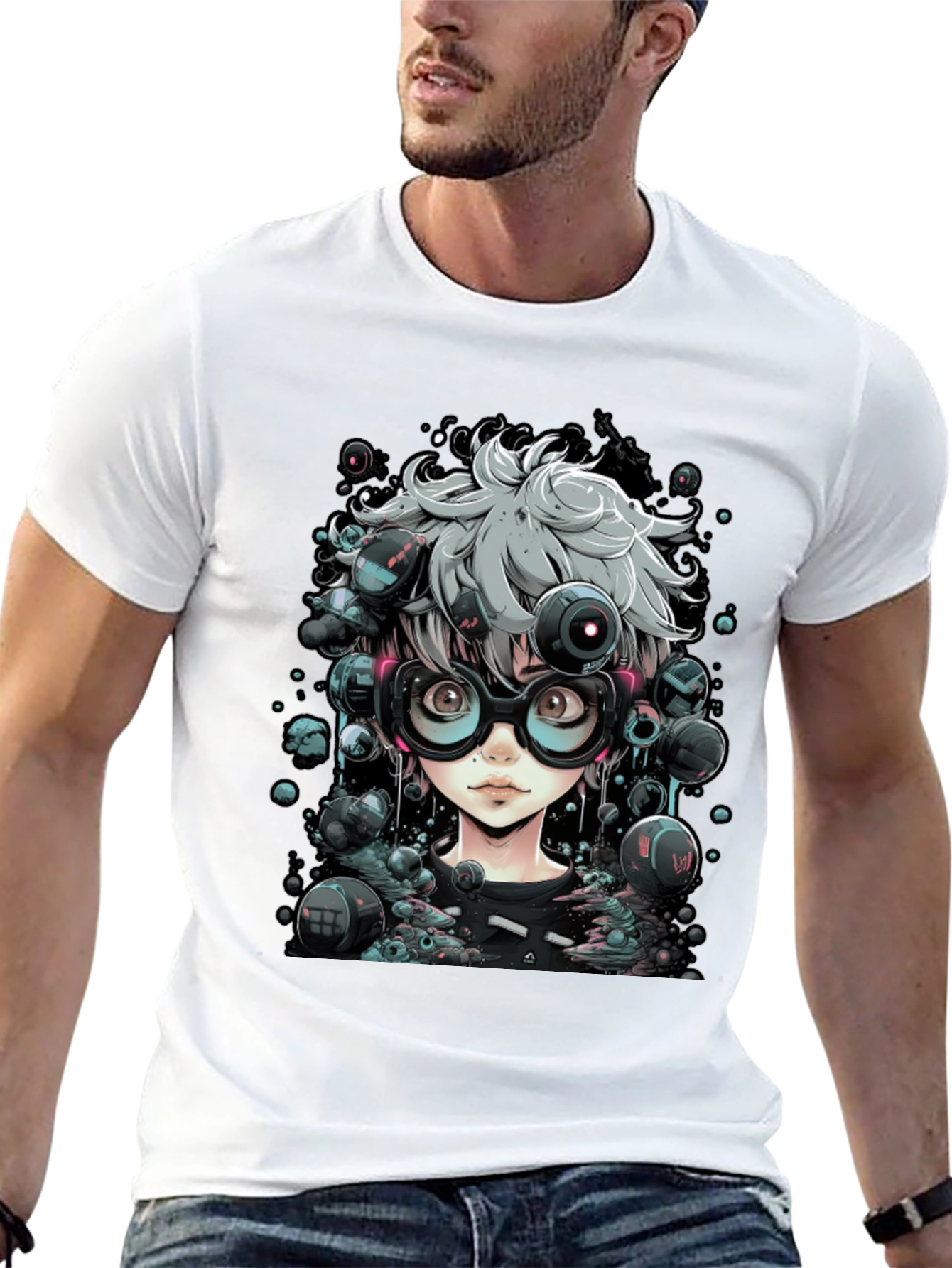 Camiseta Negra con Diseño Anime Futurista