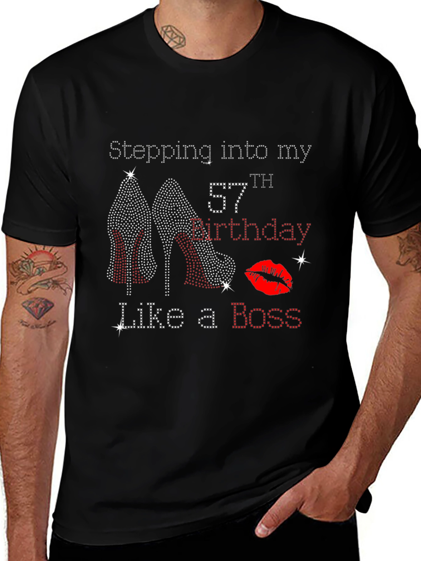 Camiseta Negra de Cumpleaños #57 con Diseño de Tacones