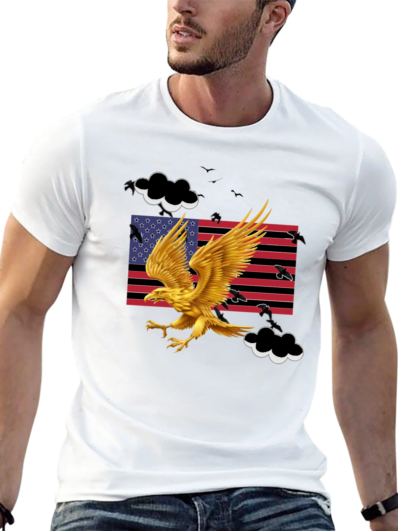 Camiseta Negra con Águila Dorada y Bandera Americana
