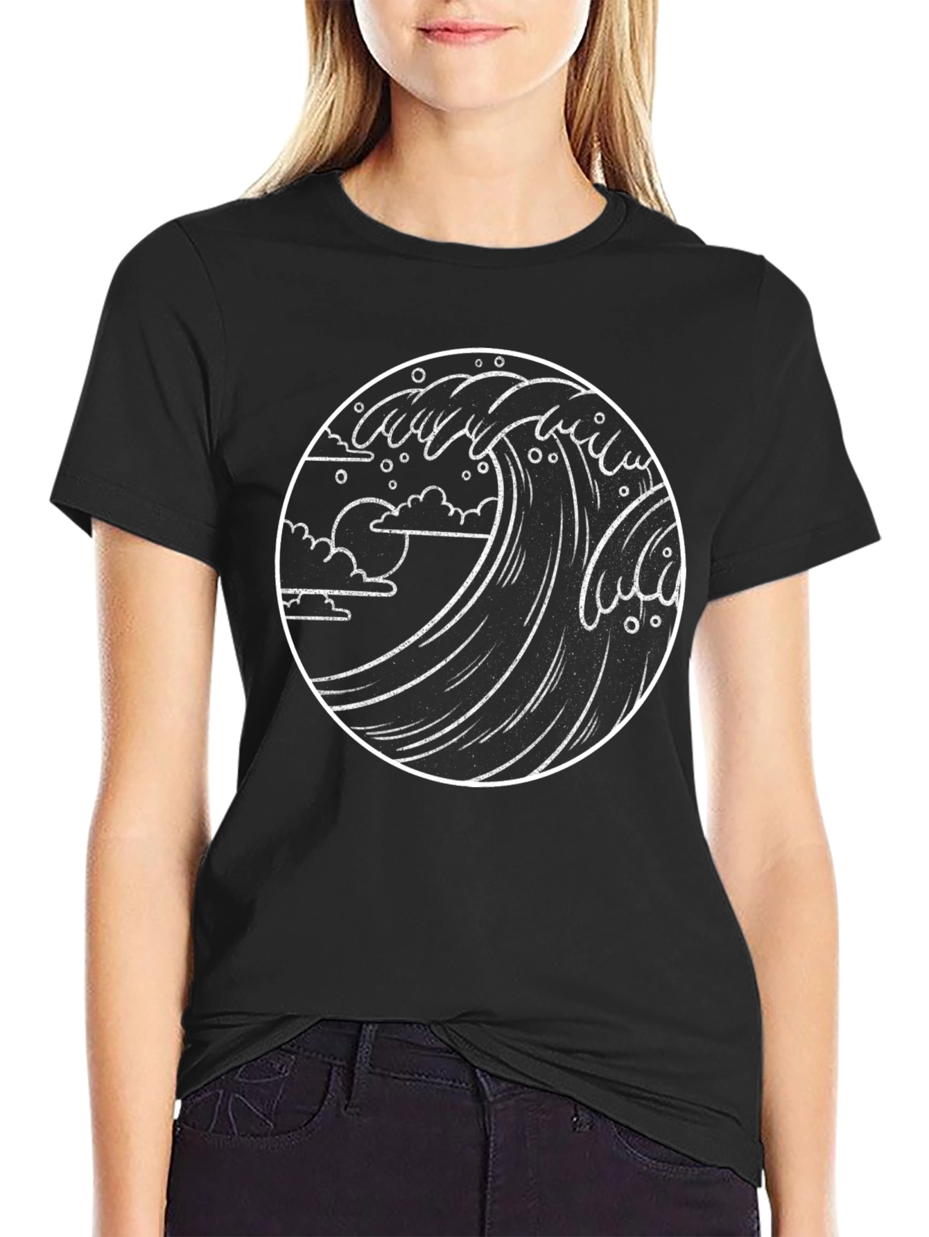 Camiseta Negra Ola Estilo Japonés