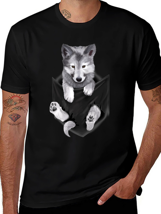 Wolf Pup Pocket Print T-Shirt - Black
