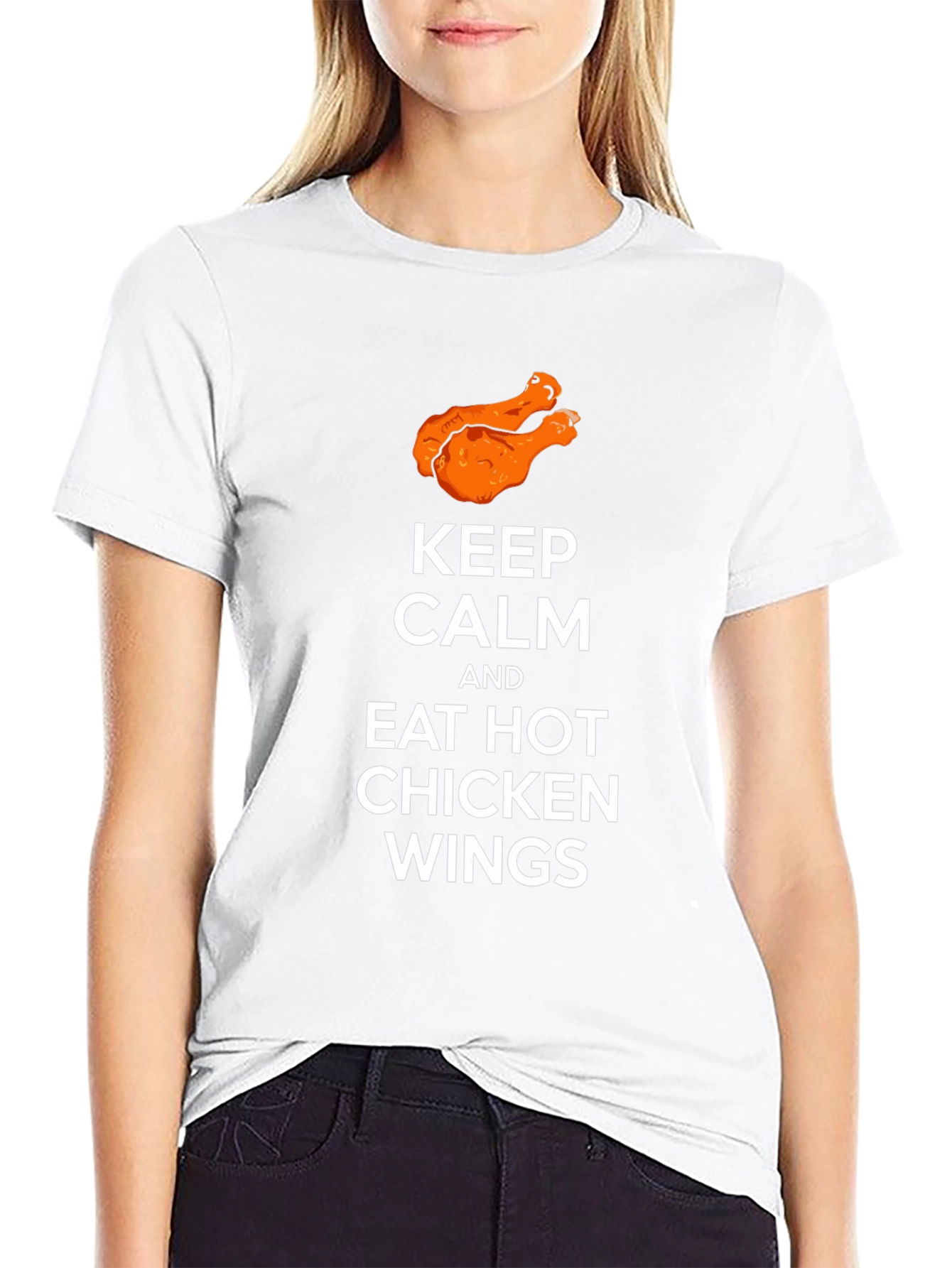Camiseta Negra: Keep Calm & Eat Hot Chicken Wings