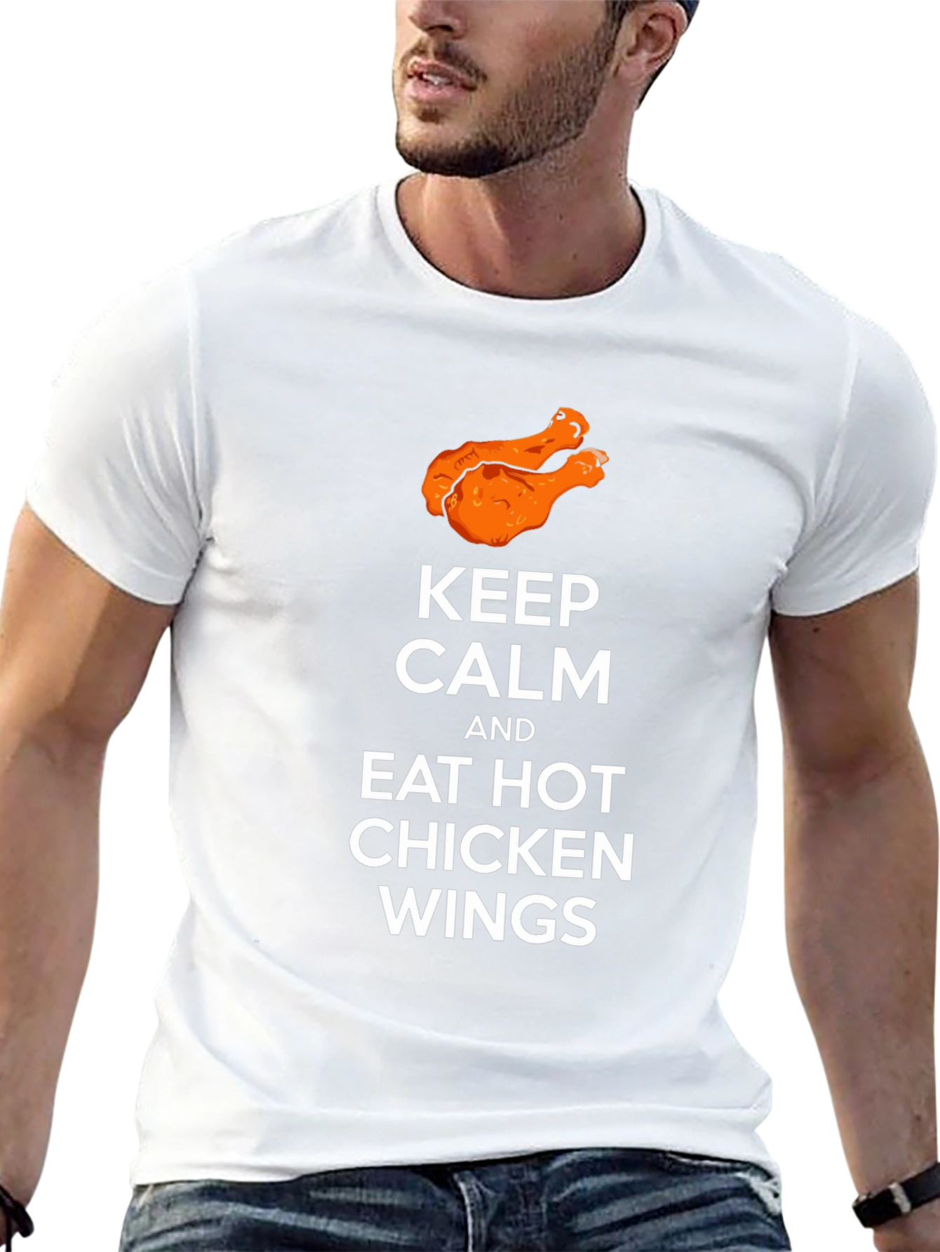 Camiseta Negra: Keep Calm & Eat Hot Chicken Wings