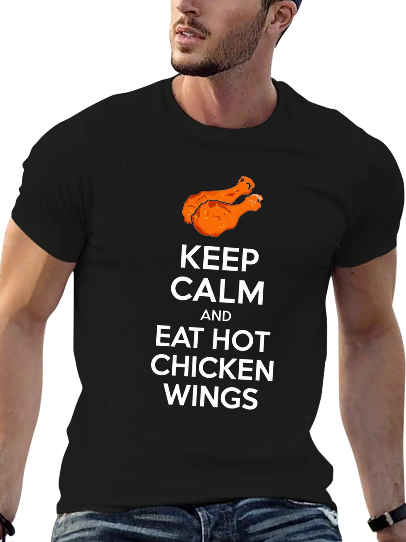 Camiseta Negra: Keep Calm & Eat Hot Chicken Wings