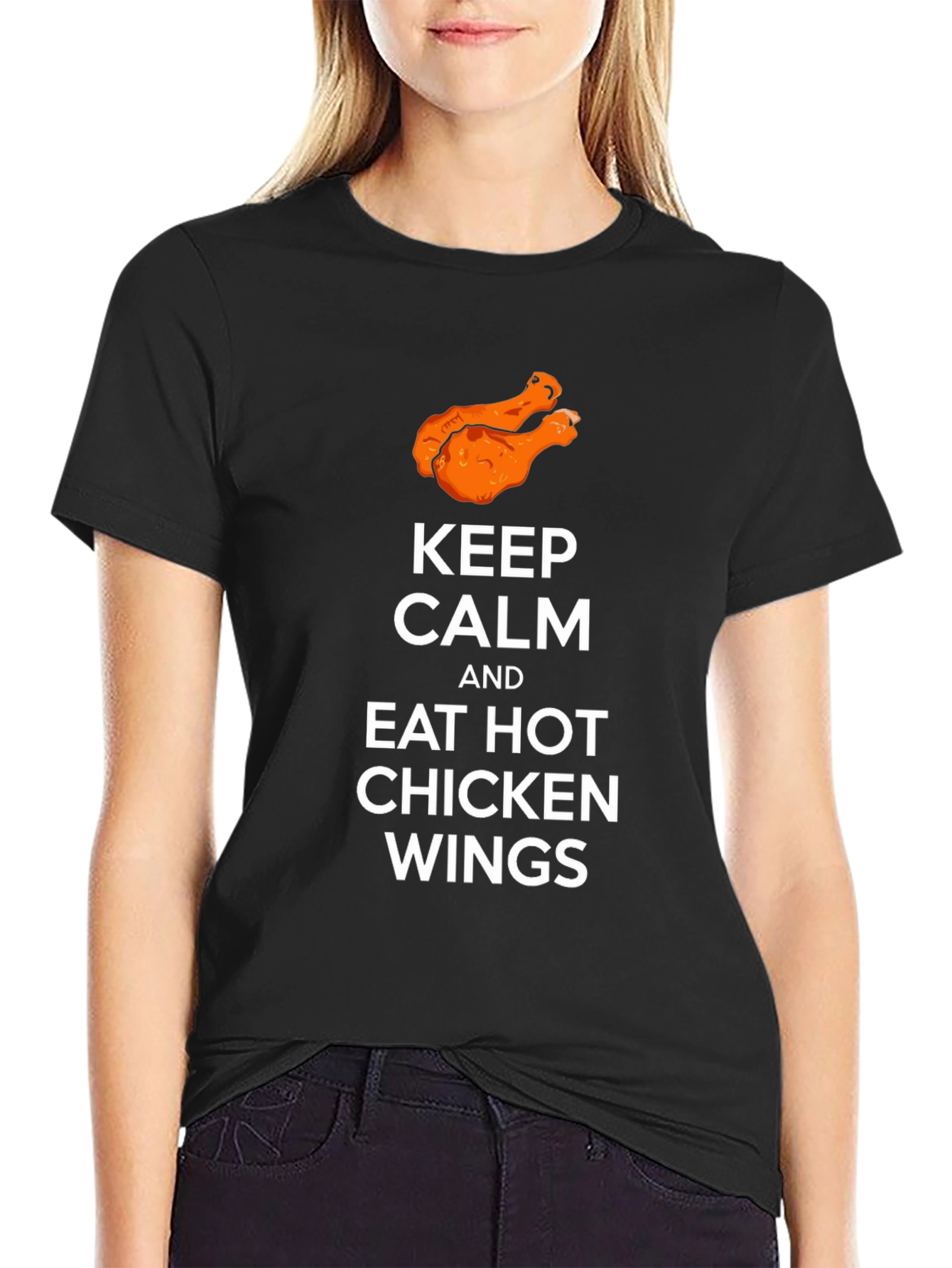 Camiseta Negra: Keep Calm & Eat Hot Chicken Wings