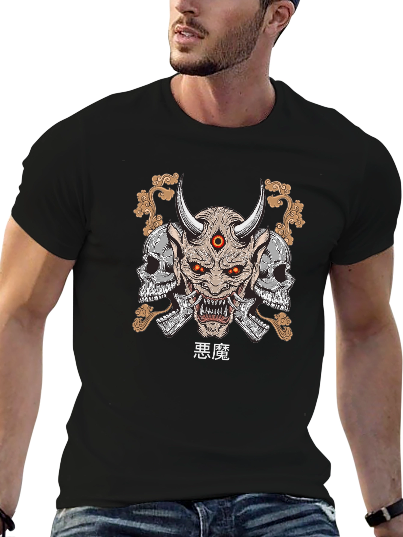 Camiseta Hombre Negra con Estampado Demonio Japonés