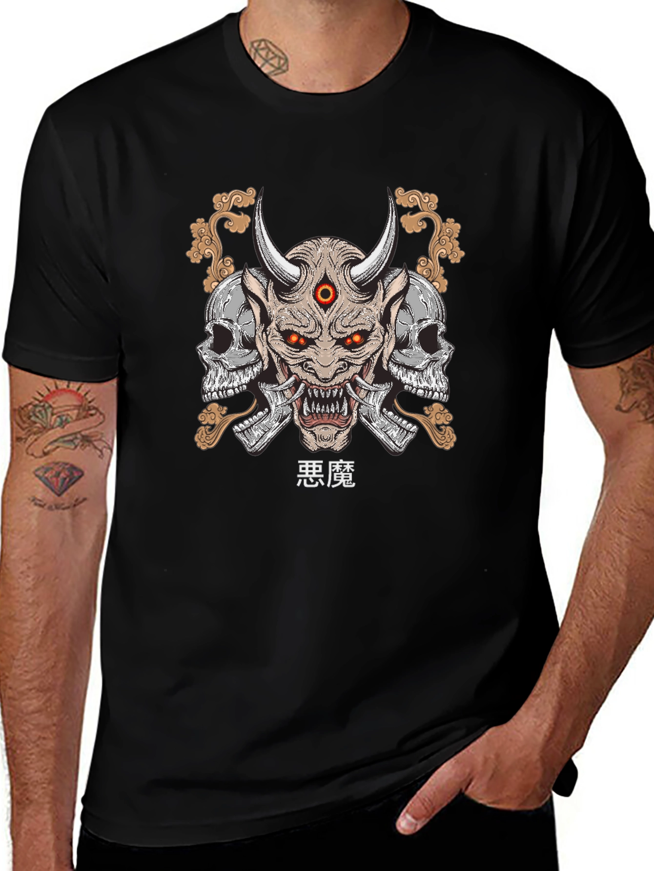 Camiseta Hombre Negra con Estampado Demonio Japonés