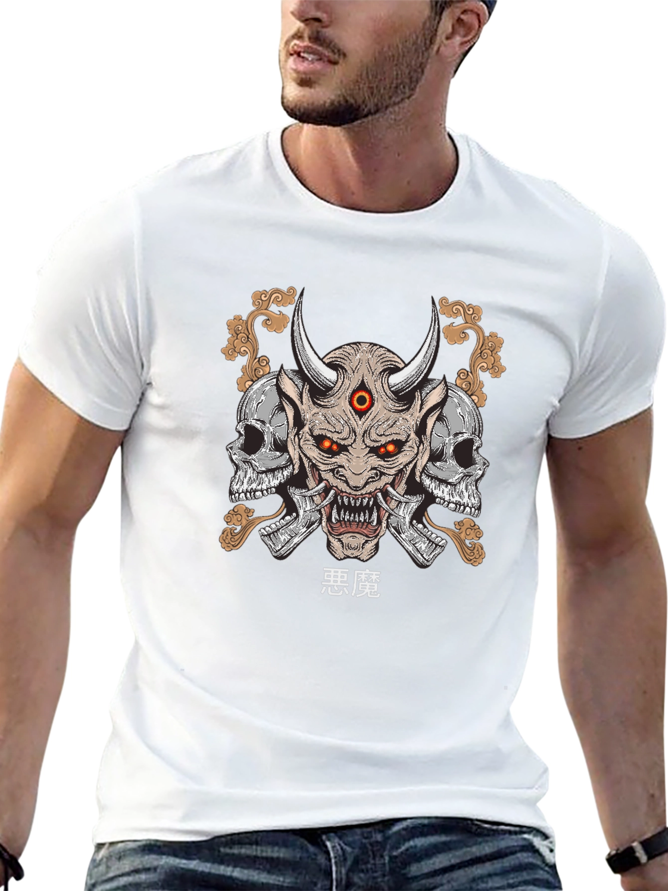 Camiseta Hombre Negra con Estampado Demonio Japonés