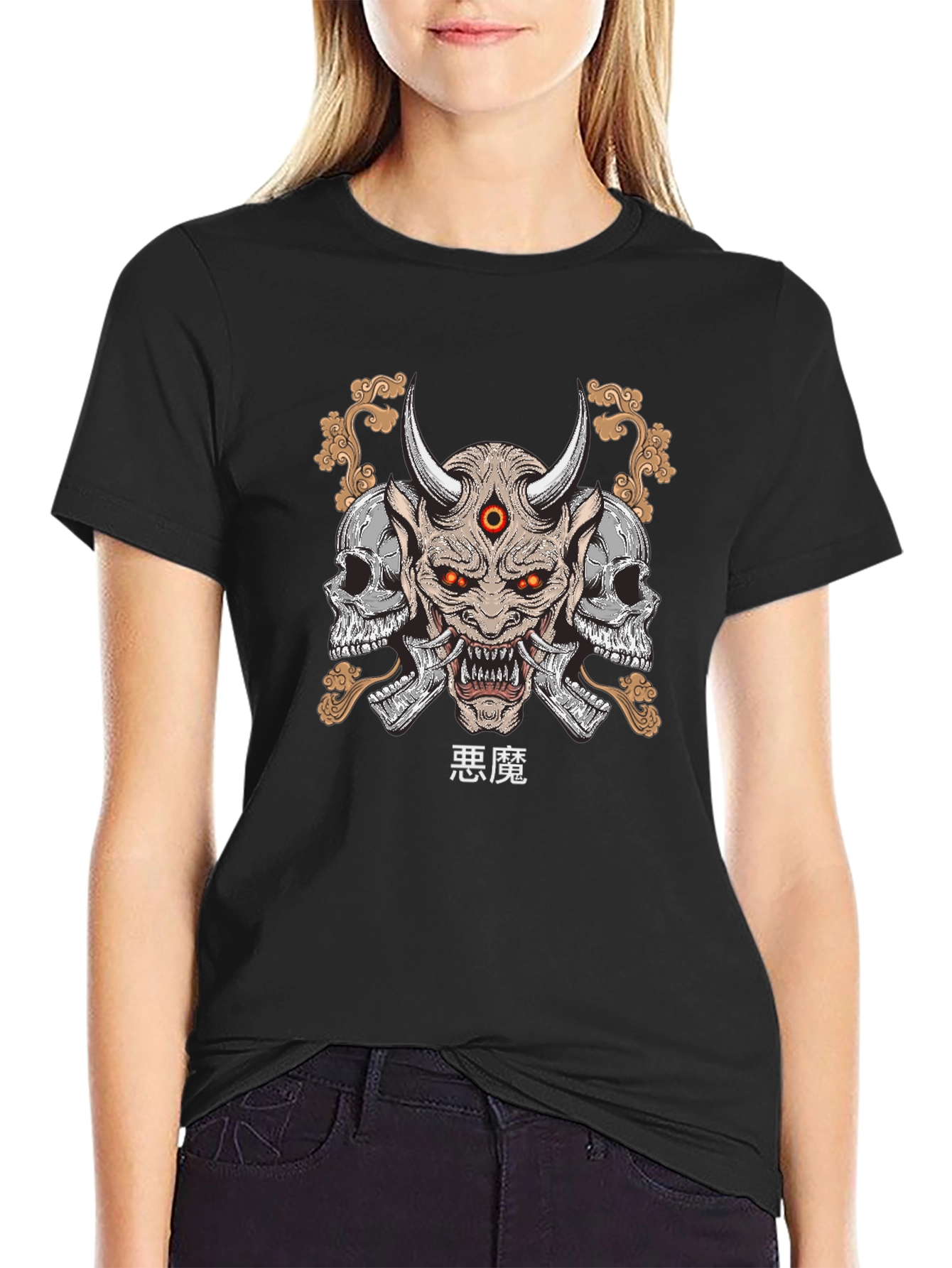 Camiseta Hombre Negra con Estampado Demonio Japonés