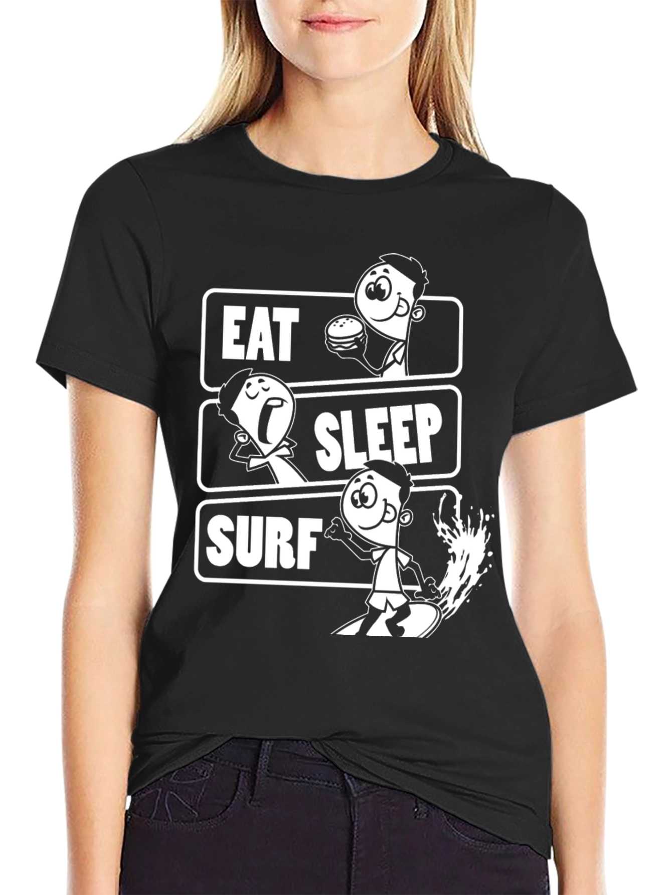 Camiseta Negra Estampada Eat Sleep Surf