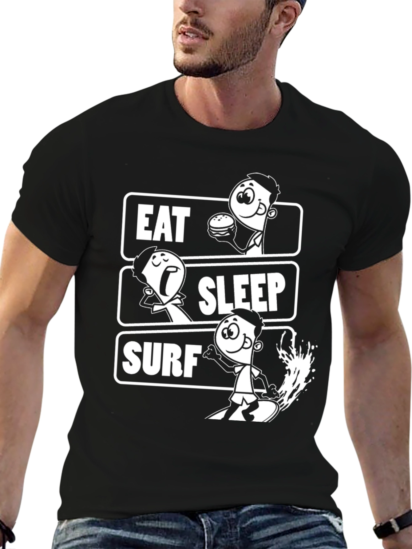 Camiseta Negra Estampada Eat Sleep Surf