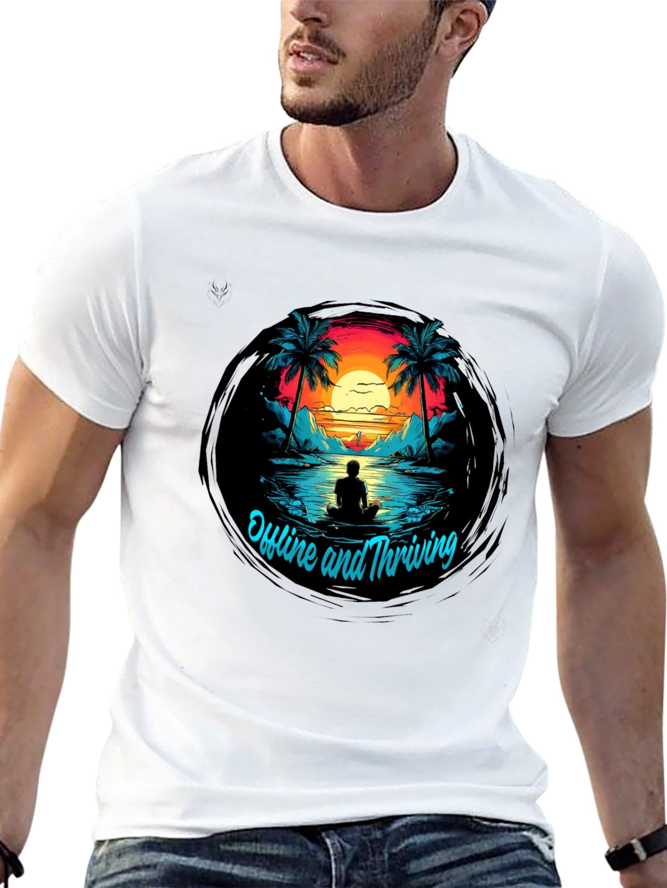 Camiseta Negra Offline and Thriving Diseño Tropical