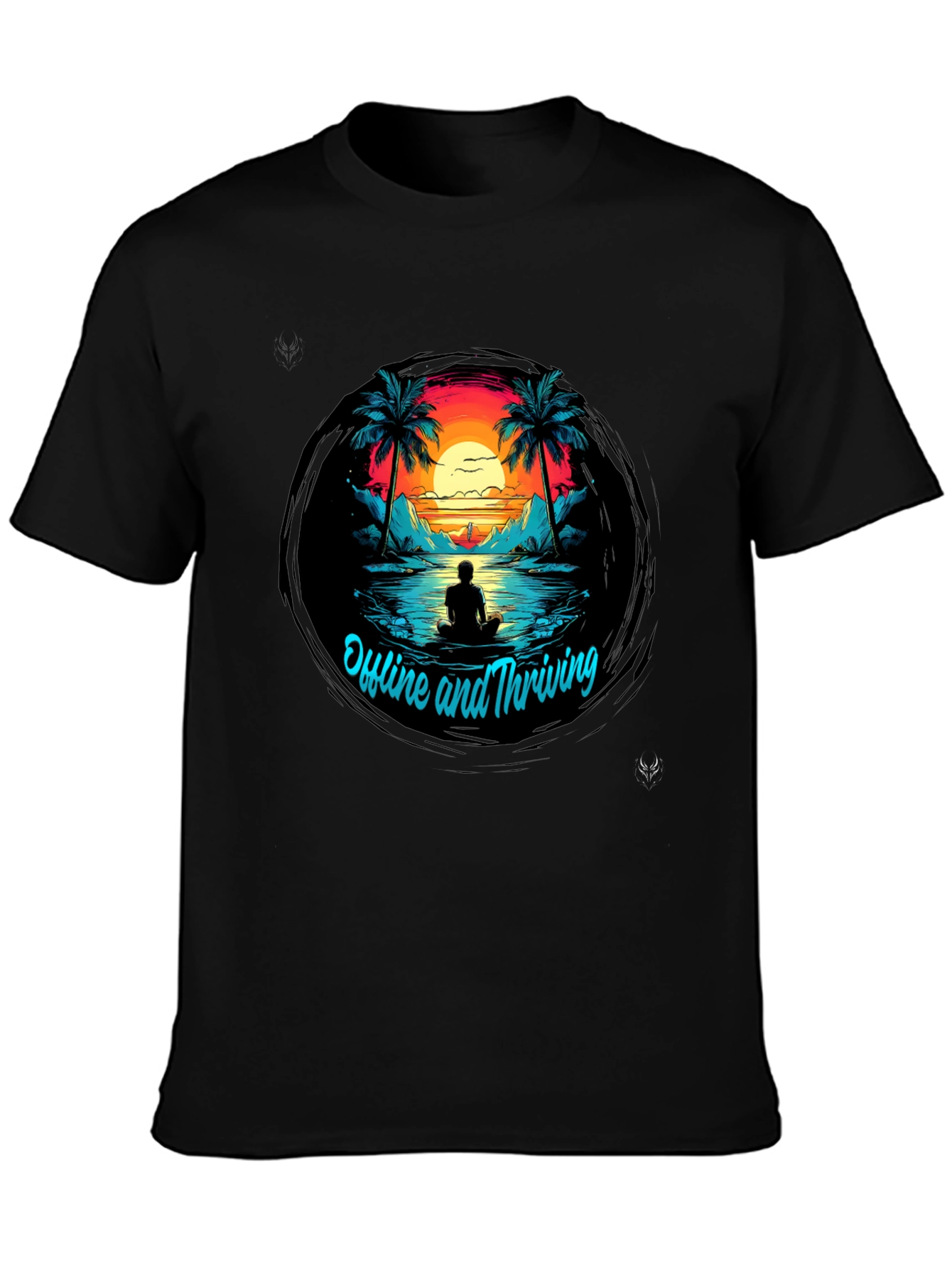 Camiseta Negra Offline and Thriving Diseño Tropical