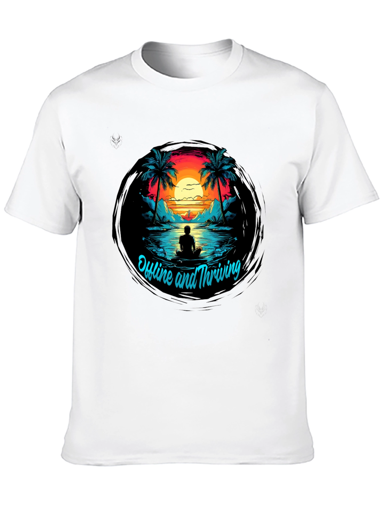 Camiseta Negra Offline and Thriving Diseño Tropical