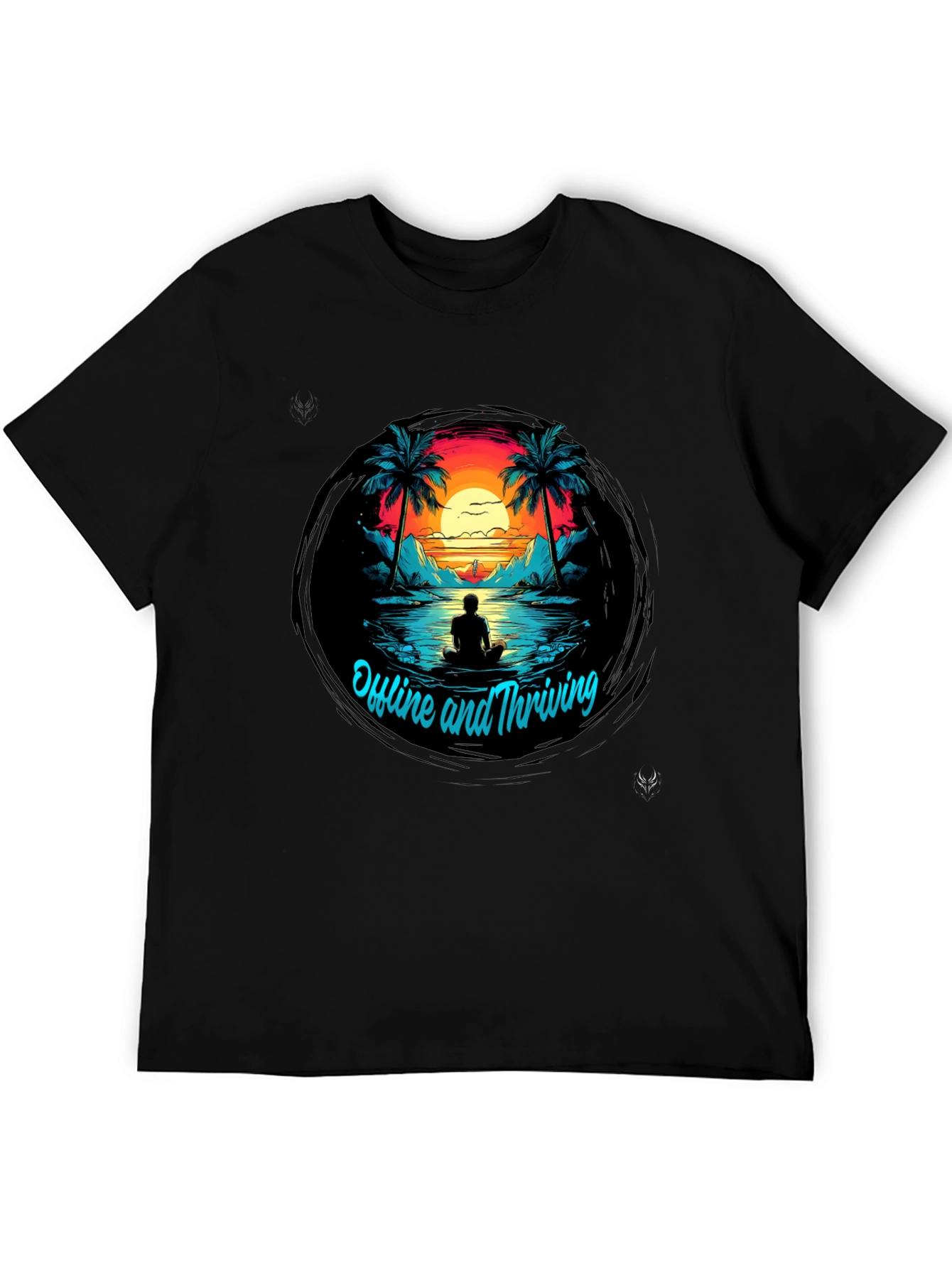 Camiseta Negra Offline and Thriving Diseño Tropical