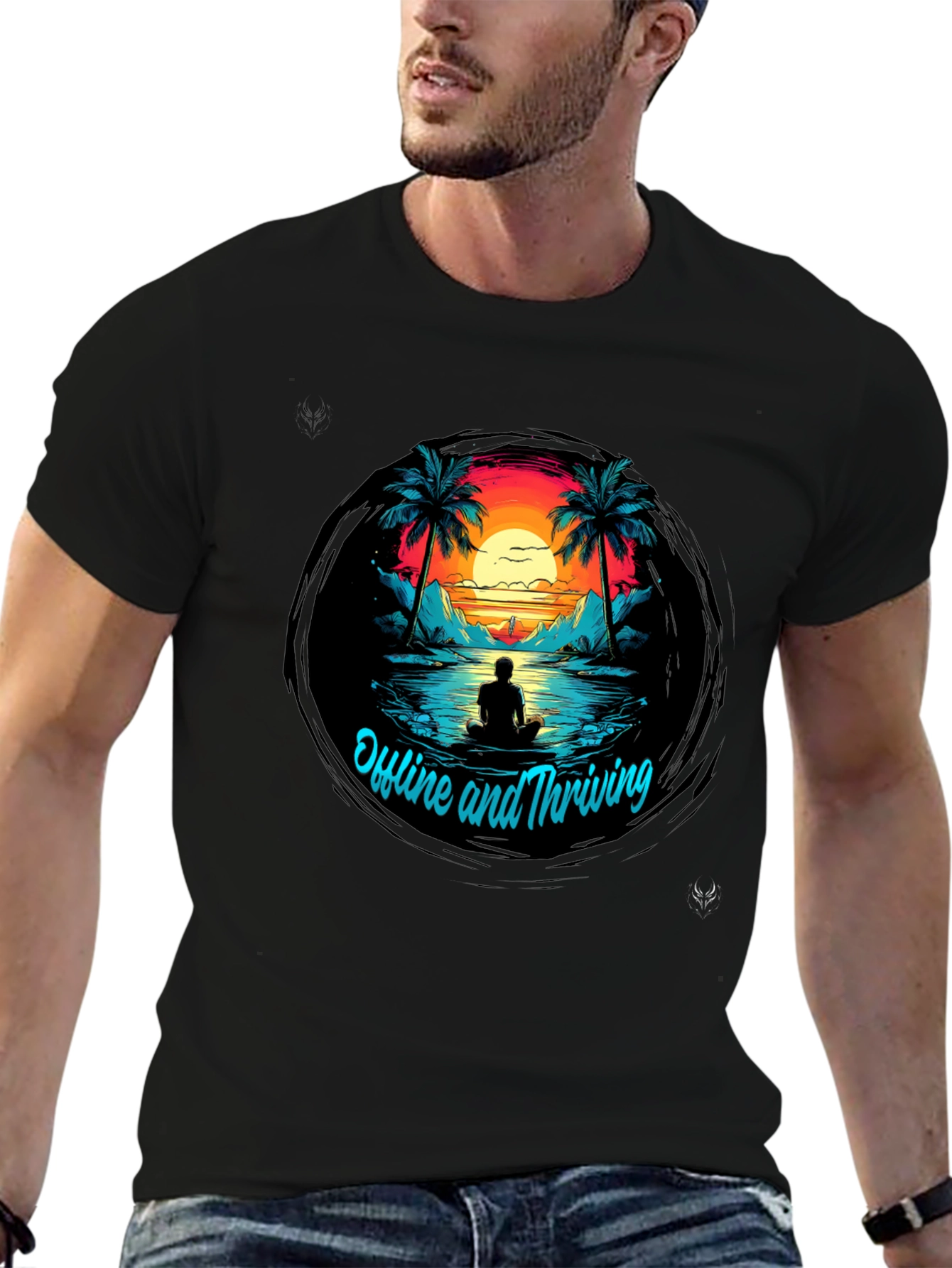 Camiseta Negra Offline and Thriving Diseño Tropical