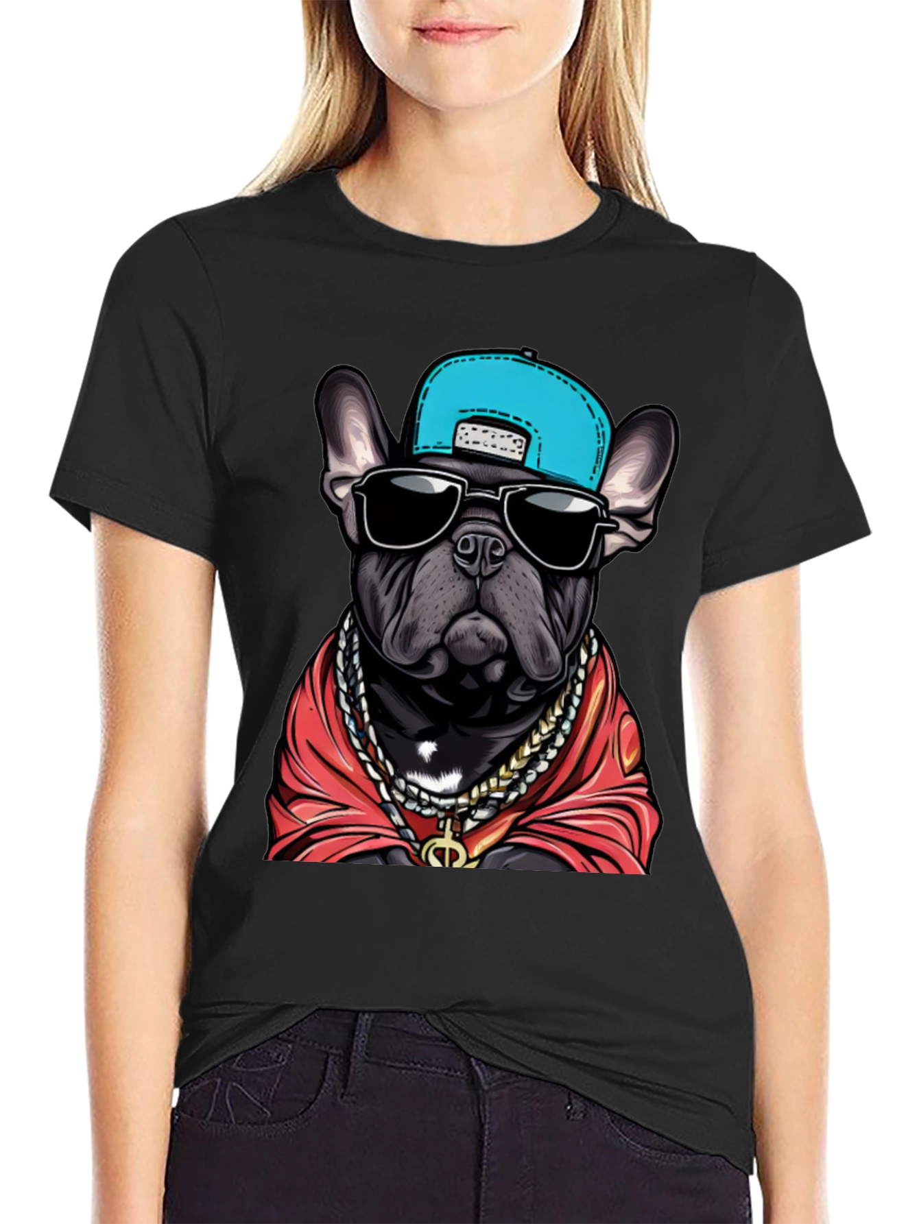 Camiseta Negra Bulldog Francés con Gorra y Joyas