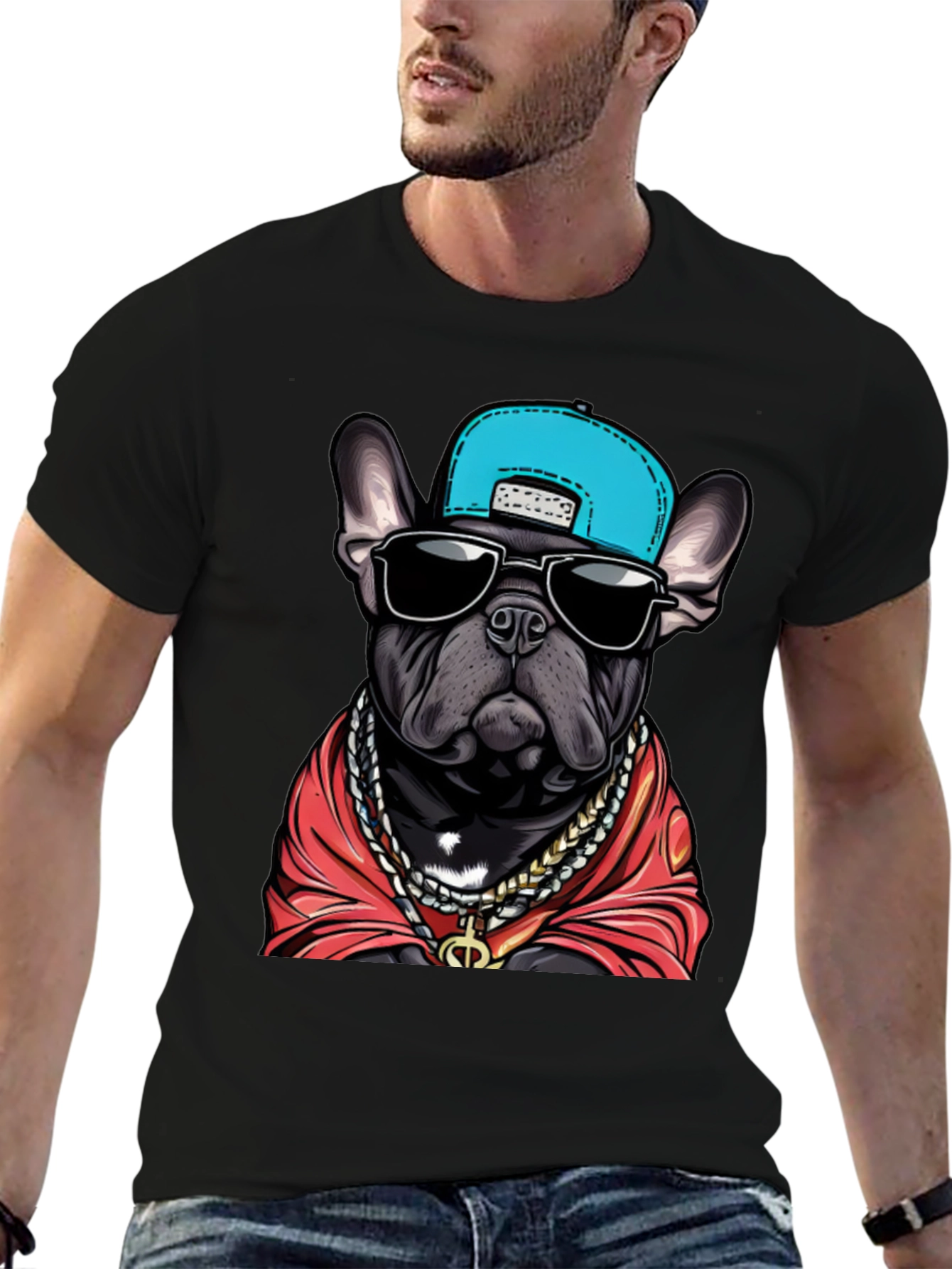 Camiseta Negra Bulldog Francés con Gorra y Joyas