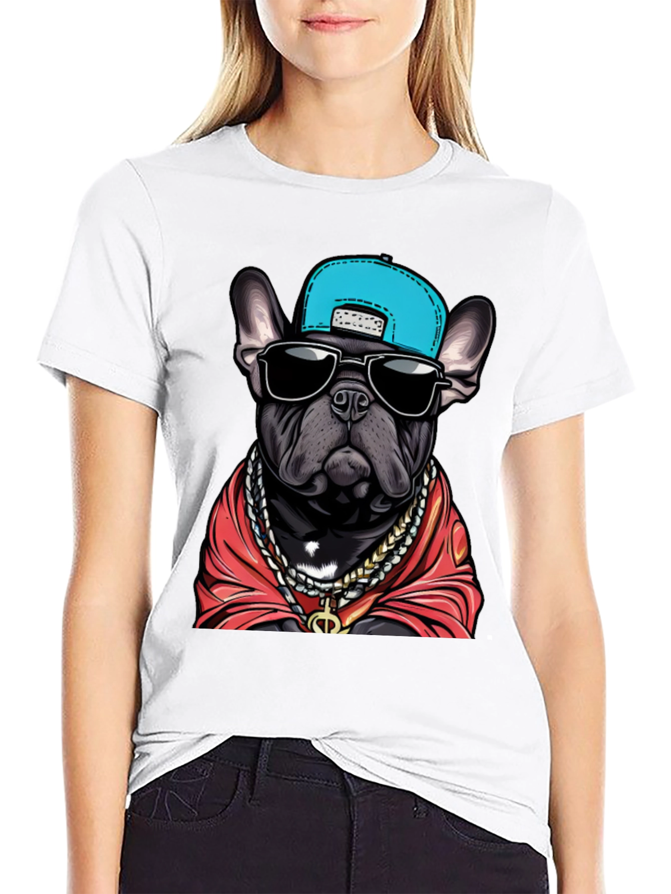 Camiseta Negra Bulldog Francés con Gorra y Joyas