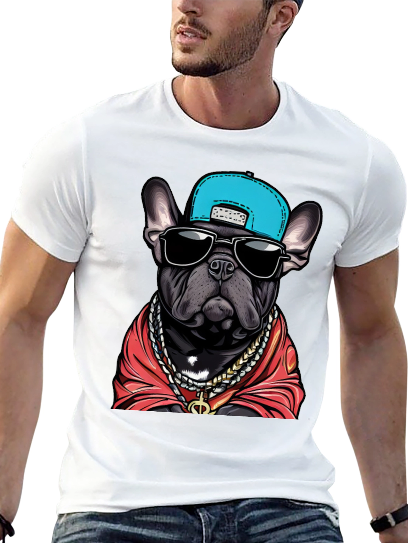 Camiseta Negra Bulldog Francés con Gorra y Joyas