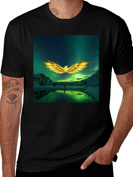 Camiseta Negra con Diseño de Águila y Aurora Boreal