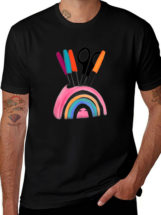 Camiseta Negra con Diseño de Arcoíris Creativo