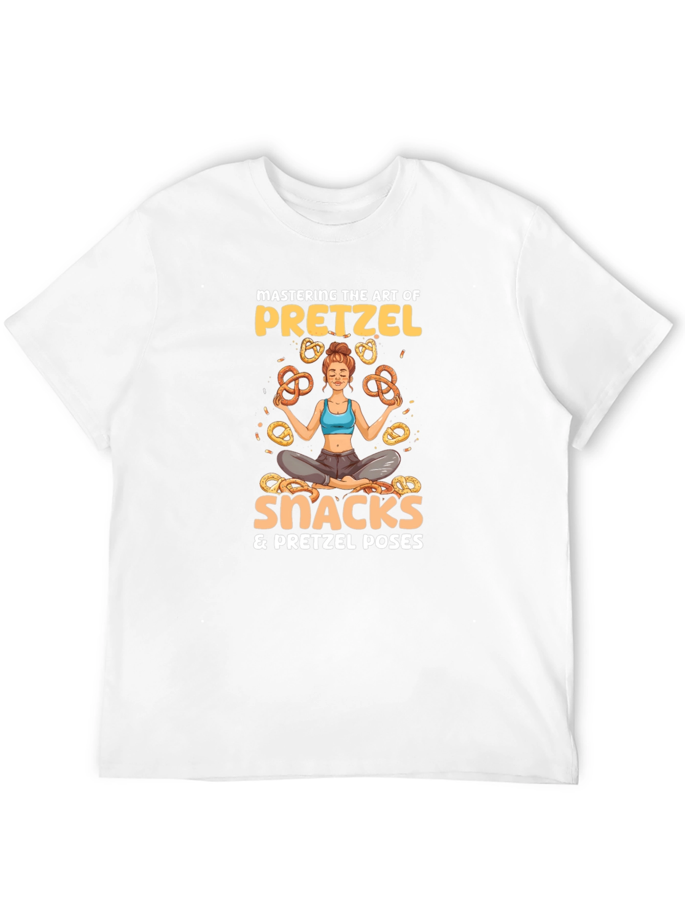 Camiseta Negra: Yoga & Snacks de Pretzels