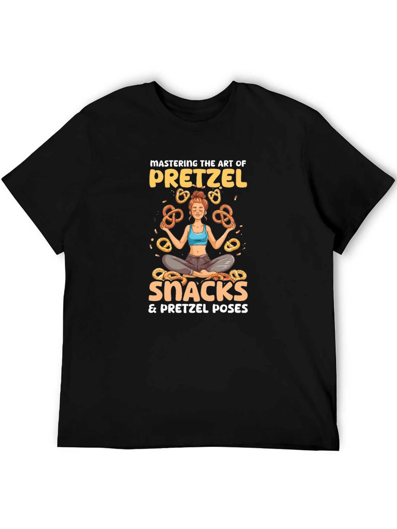 Camiseta Negra: Yoga & Snacks de Pretzels