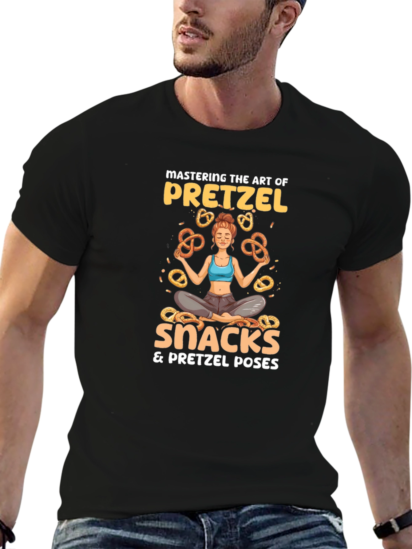 Camiseta Negra: Yoga & Snacks de Pretzels