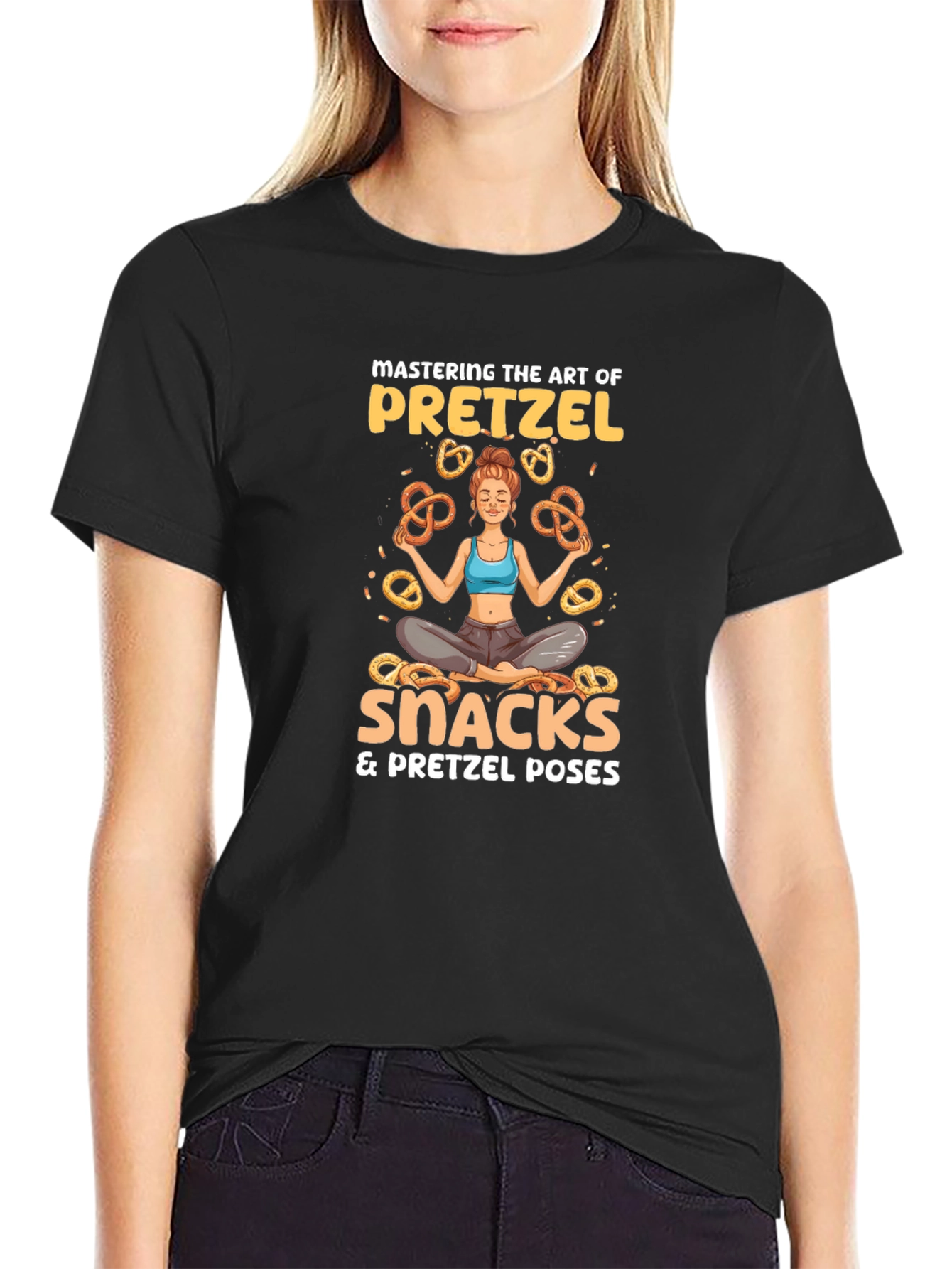 Camiseta Negra: Yoga & Snacks de Pretzels
