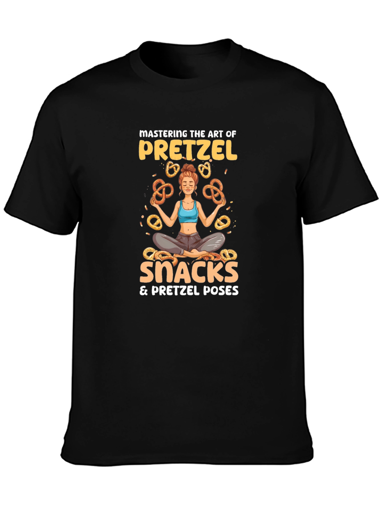 Camiseta Negra: Yoga & Snacks de Pretzels