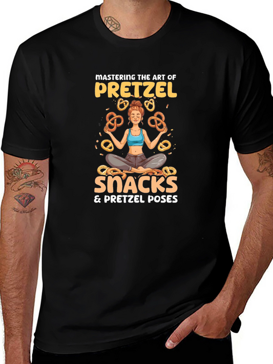 Camiseta Negra: Yoga & Snacks de Pretzels