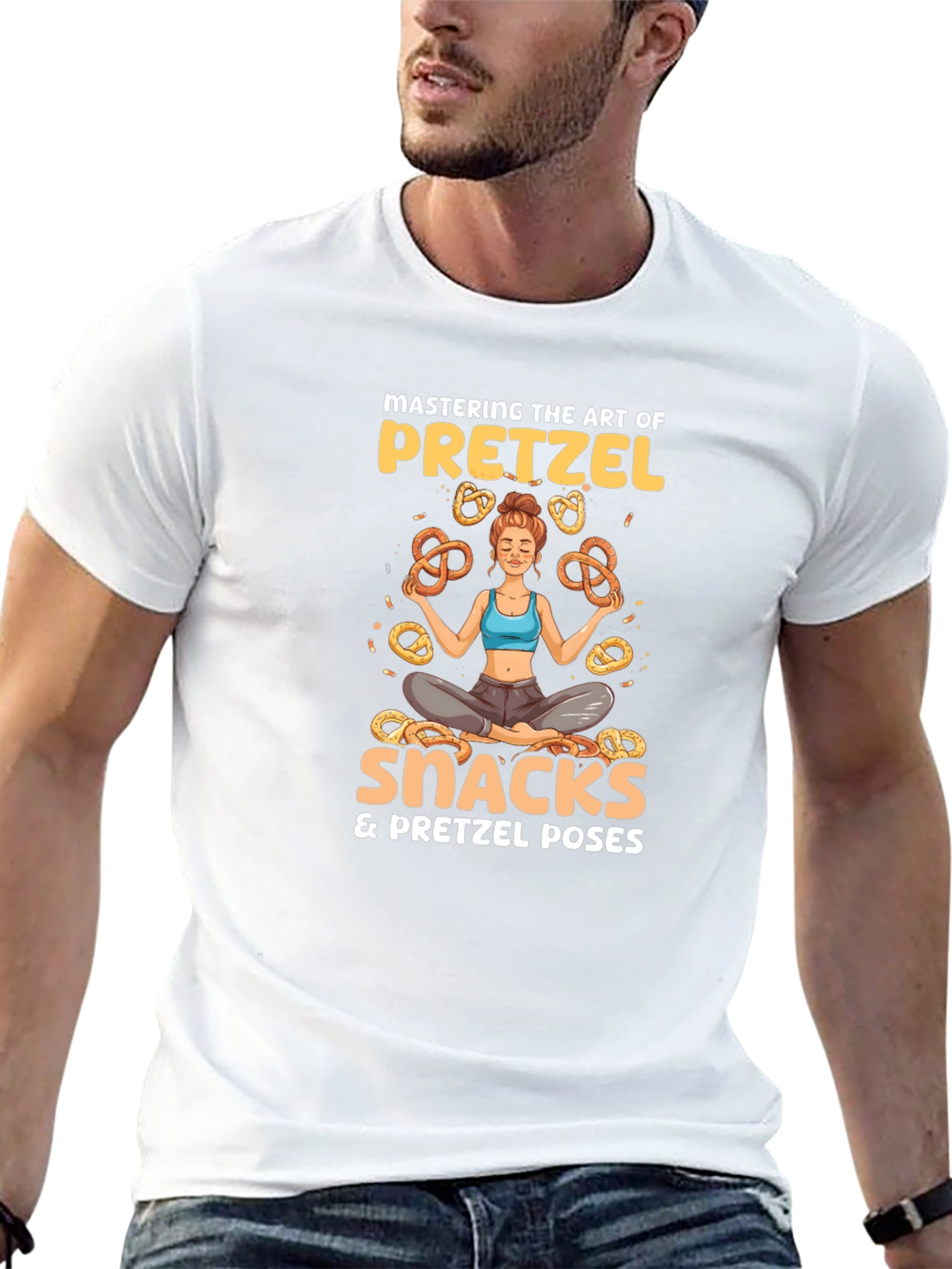 Camiseta Negra: Yoga & Snacks de Pretzels