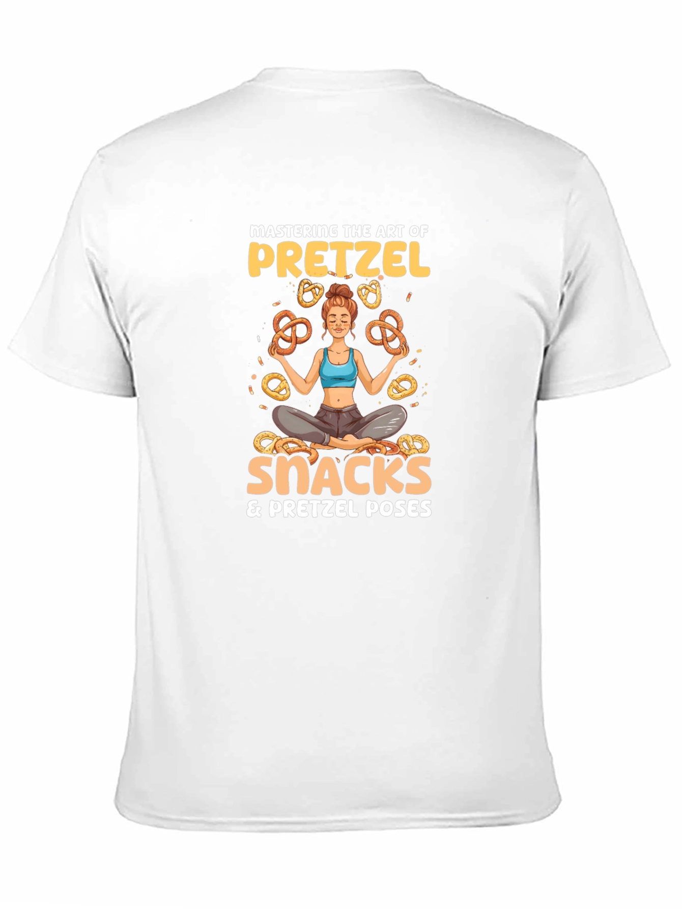 Camiseta Negra: Yoga & Snacks de Pretzels