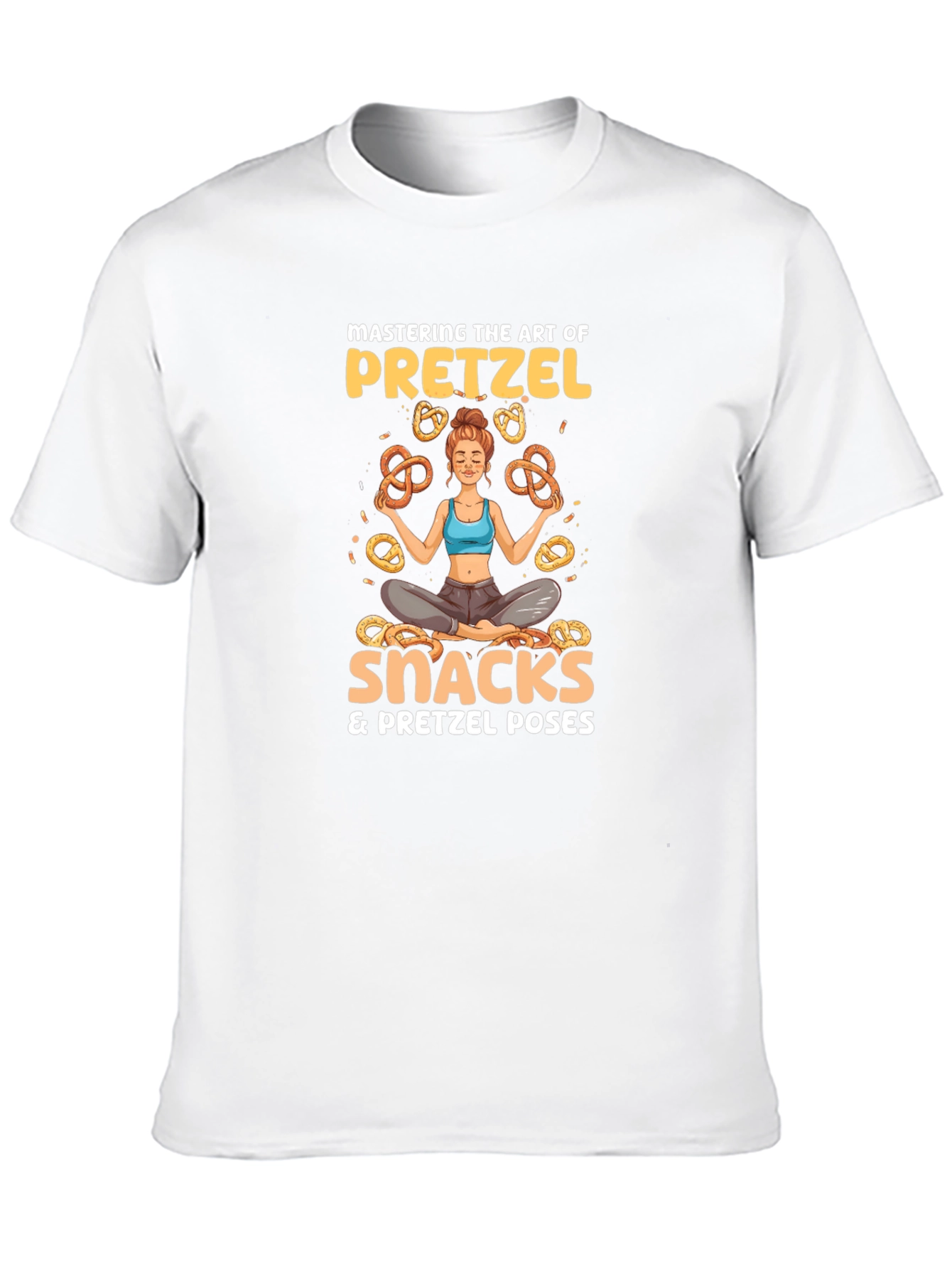 Camiseta Negra: Yoga & Snacks de Pretzels